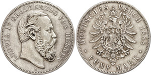 Hesse 5 Mark, 1888, Ludwig IV., very fine to ... 