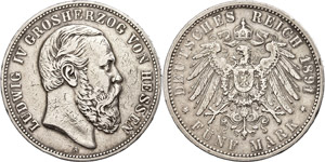 Hessen 5 Mark, 1891, Ludwig IV., berieben, ... 