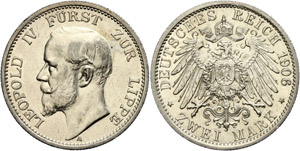 Lippe 2 Mark, 1906, Leopold IV., ss-vz., ... 