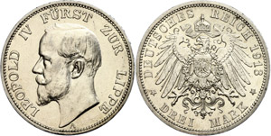 Lippe 3 Mark, 1913, Leopold IV., vz., ... 
