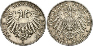 Lübeck 2 Mark, 1901, Randfehler, ss-vz., ... 