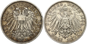 Lübeck 3 Mark, 1908, margin fault, very ... 