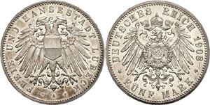 Lübeck 5 Mark, 1908, kleine Kratzer, vz+., ... 