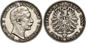 Preußen 2 Mark, 1888, Wilhelm II., kl. Rf., ... 