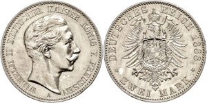 Prussia 2 Mark, 1888, Wilhelm II., extremley ... 