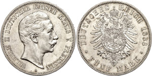 Preußen 5 Mark, 1888, Wilhelm II., ss-vz., ... 