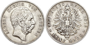 Sachsen 5 Mark, 1876, Albert, Mzz E,  ... 