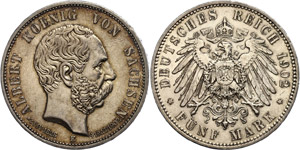Sachsen 5 Mark, 1902, Albert auf seinen Tod, ... 