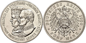 Sachsen 5 Mark, 1909, Zur 500-Jahrfeier der ... 
