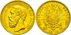 Baden 20 Mark, 1873, Friedrich I., kl. Rf., ... 