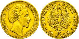 Bavaria 10 Mark, 1874, Ludwig II., very ... 