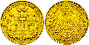 Hamburg 10 Mark, 1901, very fine., ... 