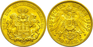Hamburg 20 Mark, 1900, kl. Rf., ss+., ... 
