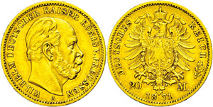 Preußen 20 Mark, 1871, Wilhelm I., ss+., ... 
