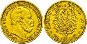 Preußen 20 Mark, 1875, Wilhelm I., kl. Rf., ... 