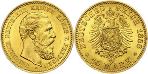 Prussia 10 Mark, 1888, Frederic III., margin ... 