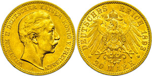 Preußen 20 Mark, 1893, Wilhelm II., kl. ... 