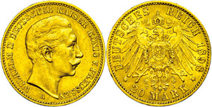 Prussia 20 Mark, 1898, Wilhelm II., Mzz A, ... 