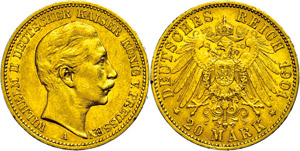 Prussia 20 Mark, 1901, Wilhelm II., margin ... 