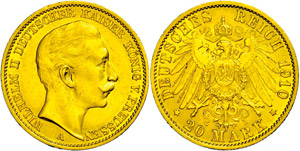 Prussia 20 Mark, 1910, Wilhelm II., small ... 