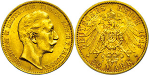 Prussia 20 Mark, 1913, Wilhelm II., small ... 