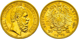 Preußen 20 Mark, 1873, Karl, kl. Rf., ss., ... 