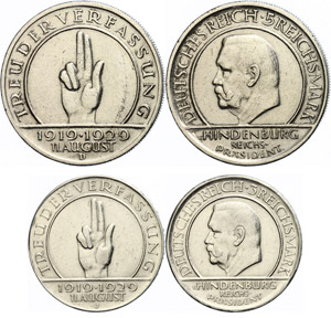 Münzen Weimar 3 und 5 Mark, 1929, J und D, ... 