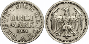 Coins Weimar Republic 3 Mark, 1924 A, Weimar ... 