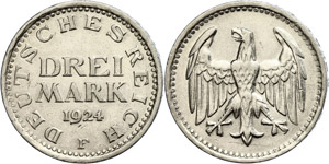 Münzen Weimar 3 Mark, 1924 F, Rf, vz, ... 
