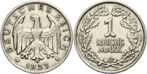 Münzen Weimar 1 Reichsmark, 1927 F, winz. ... 