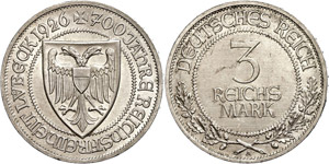 Münzen Weimar 3 Reichsmark, 1926 A, 700 ... 