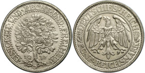 Münzen Weimar 5 Reichsmark, 1932, Eichbaum, ... 