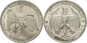 Münzen Weimar 3 Reichsmark, 1929, Waldeck ... 