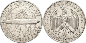 Münzen Weimar 5 Mark, 1930 G, Zum Weltflug ... 
