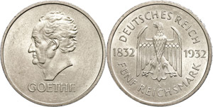 Münzen Weimar 5 Reichsmark, 1932, Goethe, ... 