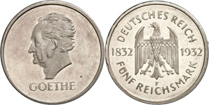 Münzen Weimar 5 Reichsmark, 1932, Goethe, ... 