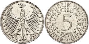 Münzen Bund ab 1946 5 Mark, 1958 J, Großer ... 