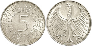 Münzen Bund ab 1946 5 Mark, 1958, J, vz+., ... 