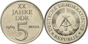 Münzen DDR 5 Mark, 1969, Probe, Ni 250/Cu ... 