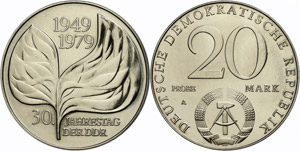 Münzen DDR 20 Mark, Probe, o. J., 30 Jahre ... 