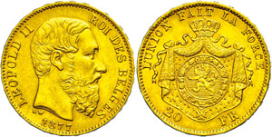 Belgien 20 Francs, Gold, 1877, Leopold II., ... 