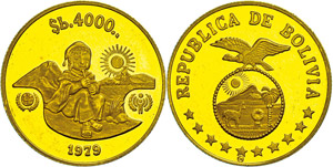 Bolivia 4000 Peso Bolivianos, Gold, Year of ... 