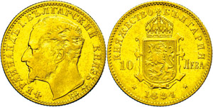 Bulgaria 10 Leva, 1894 K-B, 900er Gold, 3, ... 