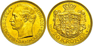 Denmark 20 coronas, Gold, 1910, Frederik ... 