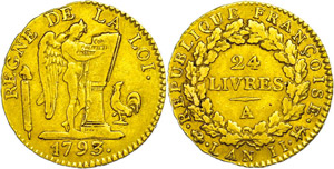 France 24 Livres, Gold, 1793 (LAN II), ... 