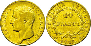 France 40 Franc, Gold, at 13, Napoleon, ... 
