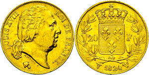 Frankreich 20 Francs, Gold, 1824, Ludwig ... 
