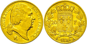 Frankreich 20 Francs, Gold, 1824, Ludwig ... 