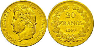 France 20 Franc, Gold, 1840, louis Philippe ... 