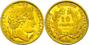 Frankreich 10 Francs, Gold, 1851, Paris, Fb. ... 